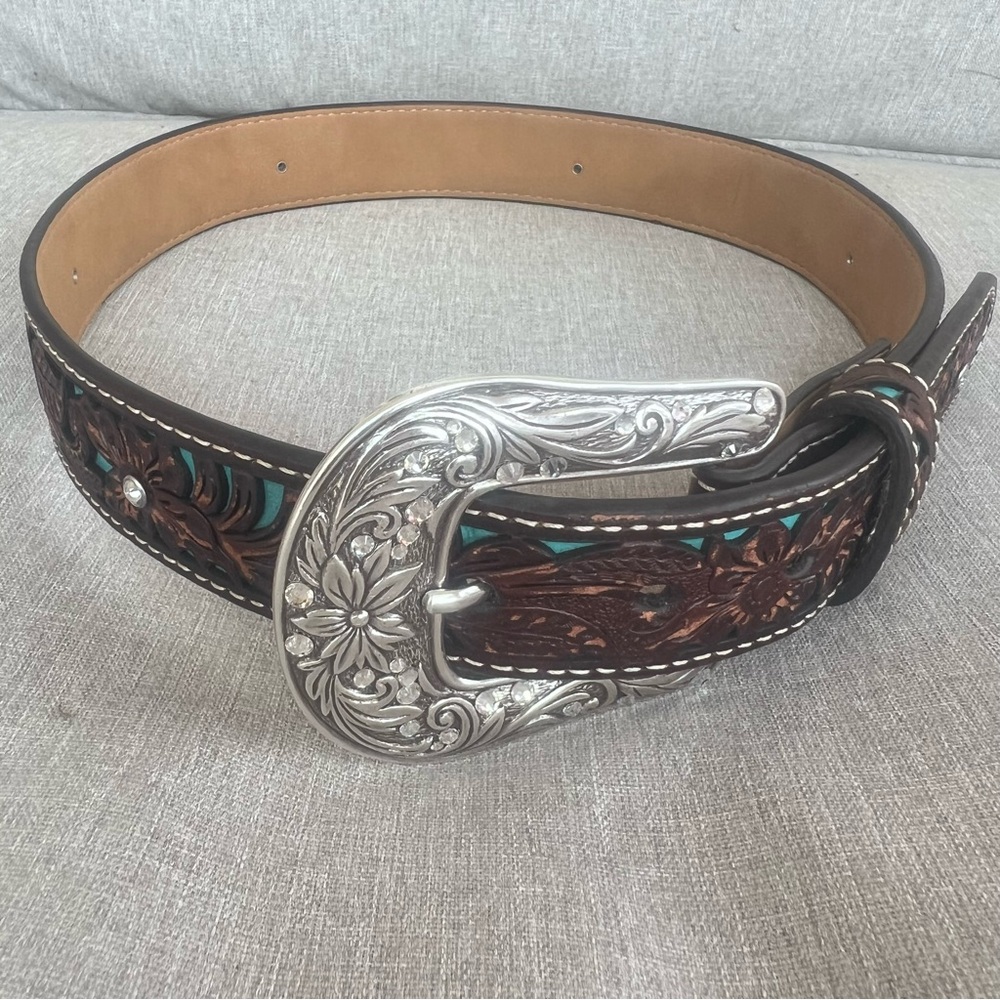 Ariat Buckle 100% Tooled Leather Western Studded Belt Size 26